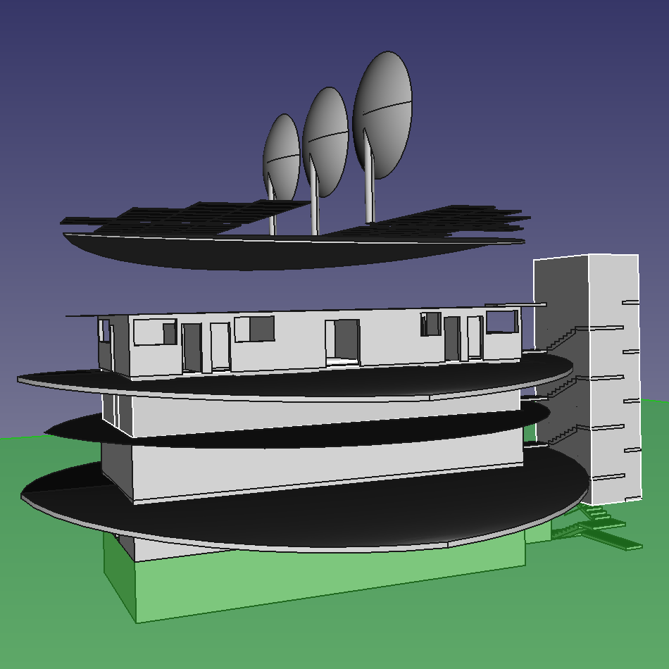 CAD screenshot of a 5-story masonry structure with a large array of solar panels and three large parabolic solar dishes on the roof