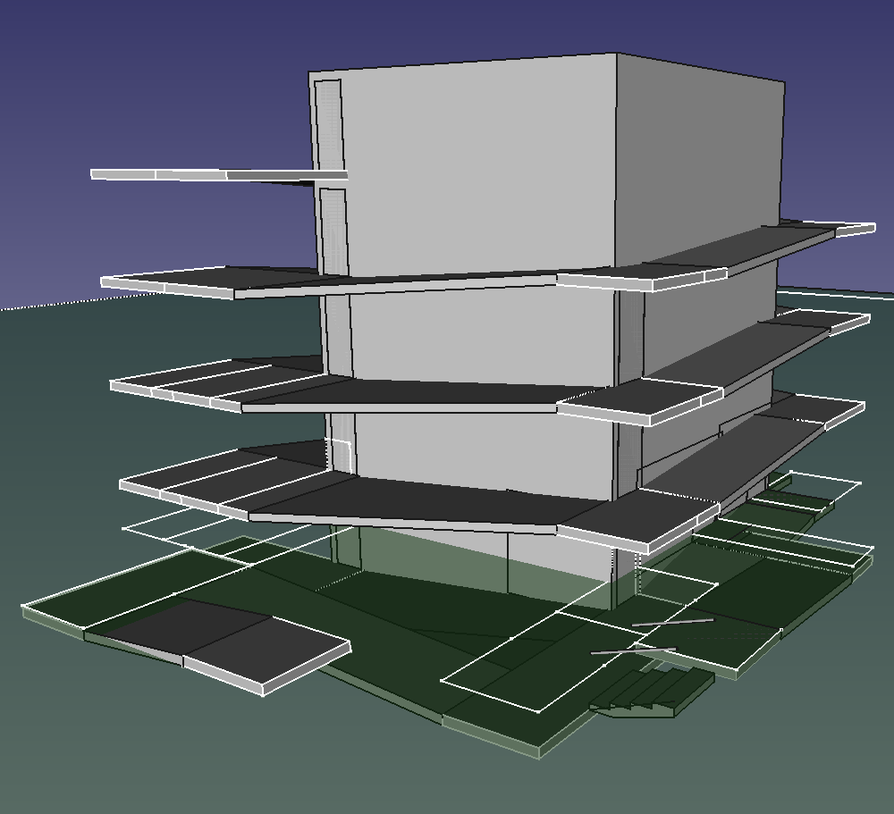 CAD screenshot of a 5-story structure with a wrap-around ramp and several doors on each floor